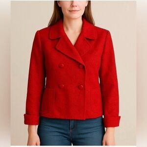 Talbots Double Breasted Pea Coat Red Floral Brocade
